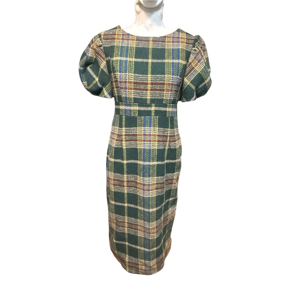 Ivy City Co Holly Plaid Pencil Dress Puff short sleeve sz M